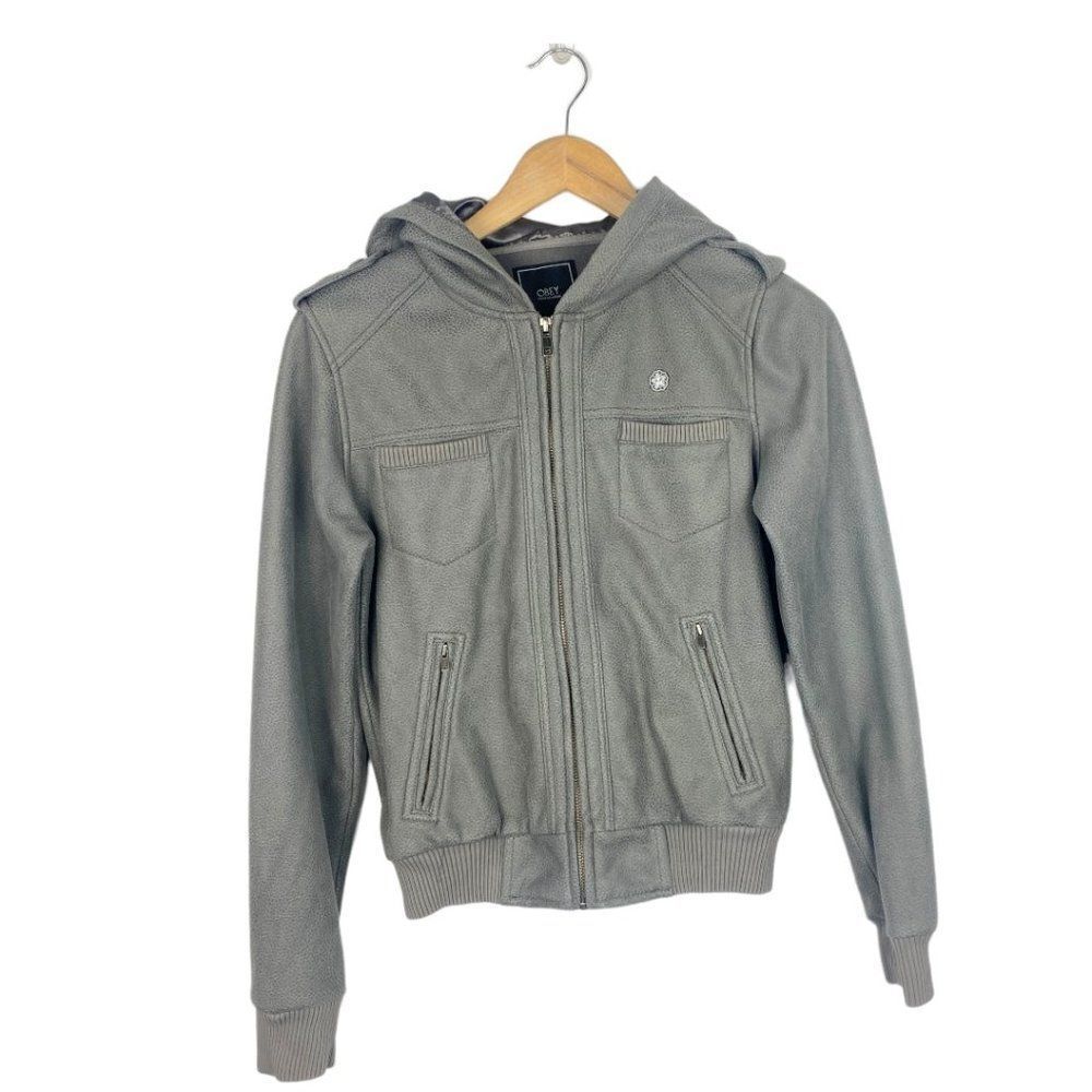 Obey Propaganda Women's Grey Faux Suede Fleece Lined Hooded Full Zip Jacket US S